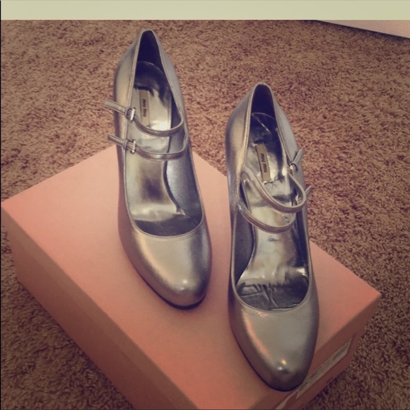 Miu Miu Shoes - Miu Miu (Prada) Silver Mary Jane Ankle Strap Heels